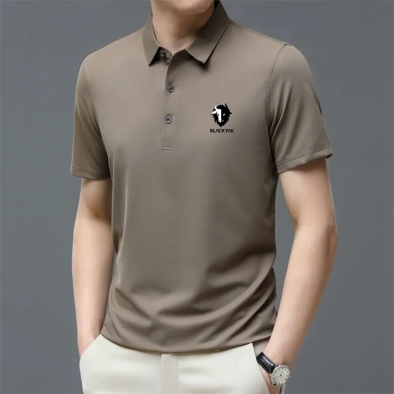 メンズ ポロシャツ ビジネス ポロシャツ ブラック ヤク 快適で通気性のあるソリッド カラー アイス シルク ラペル 半袖 ゴルフ 230703