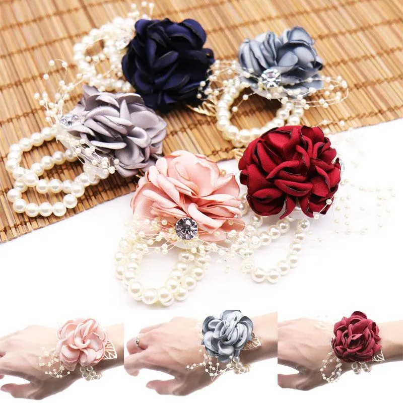 Fleurs décoratives Couronnes Mariage Équipe De Mariée Perle Bracelet Poignet Fleur Filles Party Favor Rose Corsage Main Fleur Artificielle Décoratif