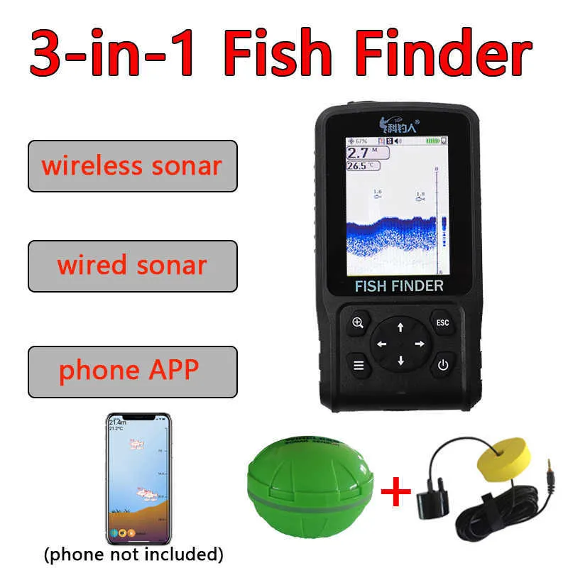 Fishfinder Gratis Verzending! Hot Sale2023 degisn Draad + Draadloos + APP Draagbare Sonar Kleurrijke LCD Fishfinder Vissen lokken Echolood FishFinder HKD230703