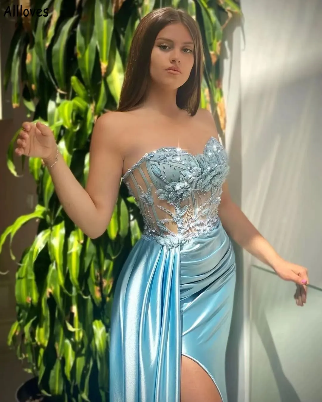 Light Sky Blue Arabic Aso Ebi Prom Dresses Sweetheart Lace Appliqued Crystal Beaded Mermaid Evening Gowns Peplum Corset Ruched Side Split Formal Party Wear CL2001