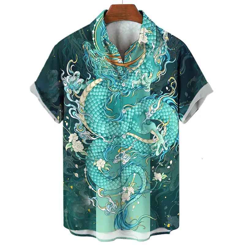 Tute da uomo Estate Sociale Casual Vintage floreale hawaiana oversize camicia a maniche corte Street Luxury Dragon Pattern Element Clothing 230703