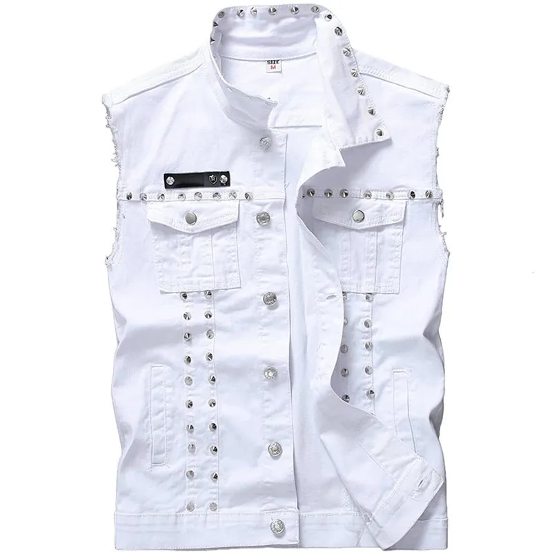 Men's Jackets Idopy Mens White Denim Vest Single Breasted Rivet Party Stage Slim Fit L 5XL Studded Waistcoat Cotton Jacket For Male Plus Size 230703