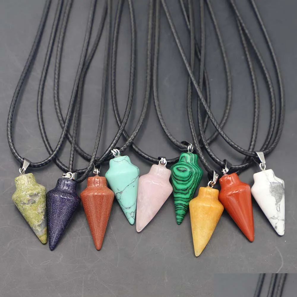 Pendant Necklaces Natural Stone Mticolor Cone Tapered Leather Rope Cord Necklace Healing Minerals Reiki Charms Fashion Diy Jewelry A Dhure