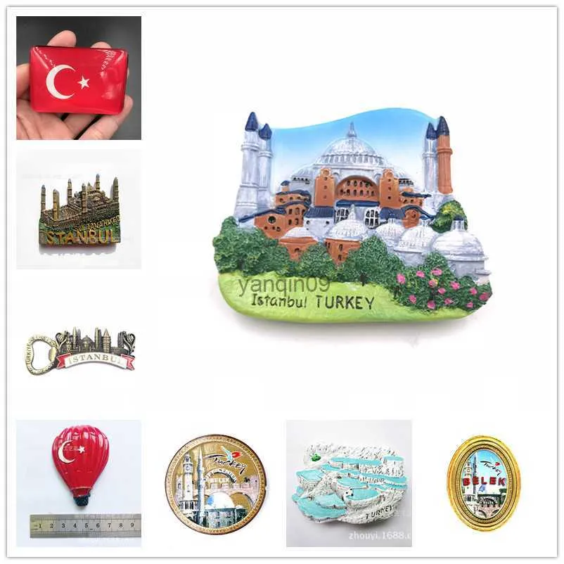 Kreativa Turkiet Rese Kylskåpsmagnet Souvenir Istanbul Pamukkale Dekorativa magneter Högkvalitativ varmluftsballong Kristallflagga L230626