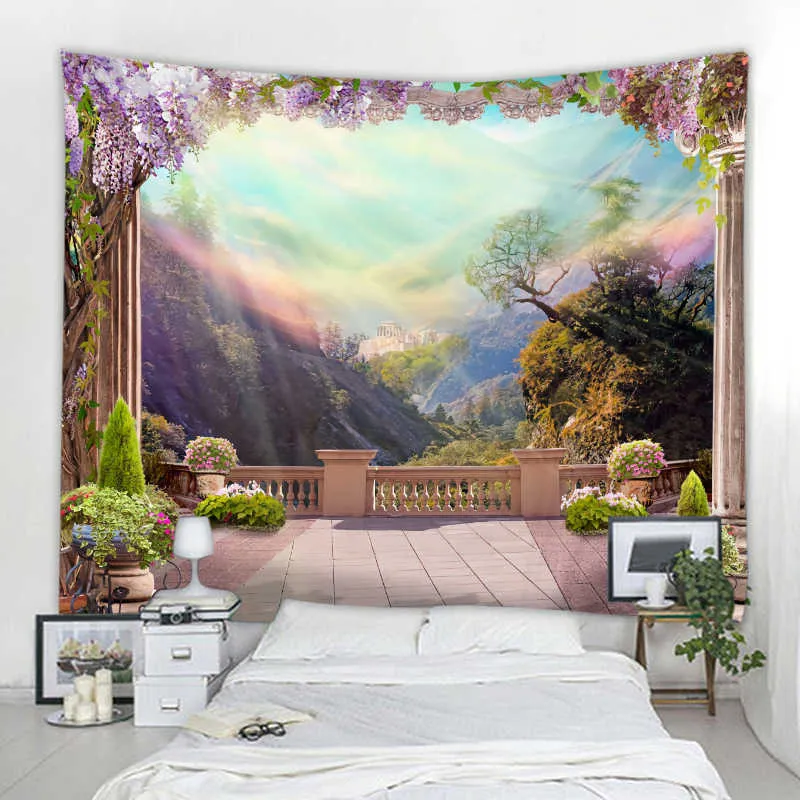 Tapissries 3D Landscape Bakgrundsdekoration Tapestry Gardinvägg som täcker nordisk hippie vägg bakgrundsdekoration tapestry säng