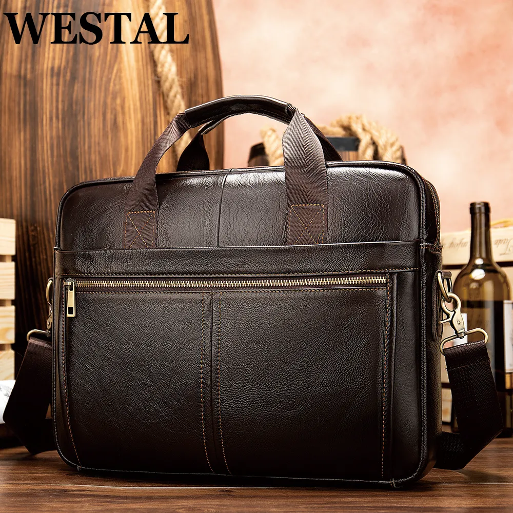 Briefcases WESTAL Men's Briefcases Messenger Bag Men's Genuine Leather 14'' Laptop Bag Man Leather Office Business Bags for Document 8572 230703