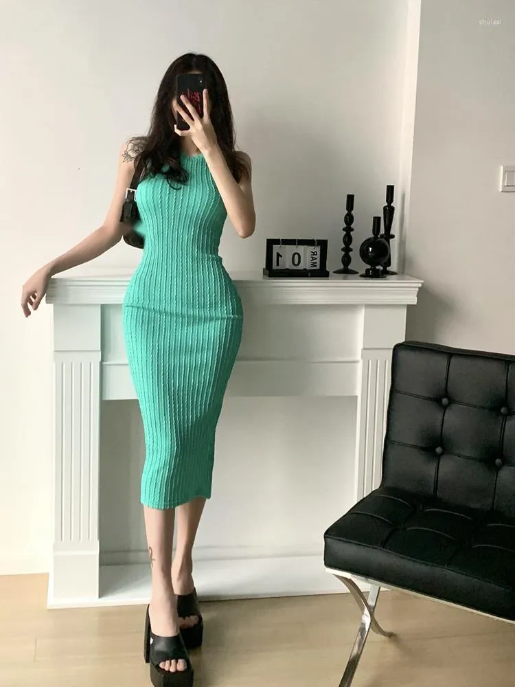 Casual Dresses Hanging Neck WOMENGAGA Green Knitting Fahsion Slim Sexy Maxi Long O Robe Summer Tops 2023 6TQ9