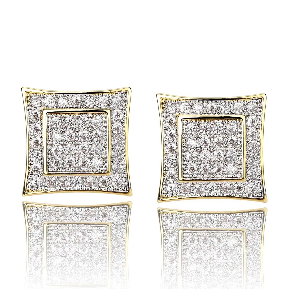 18K Gold Plated Hiphop diamond earrings Back threaded earrings hiphop full Lab diamond women men's earrings with Screw Backs