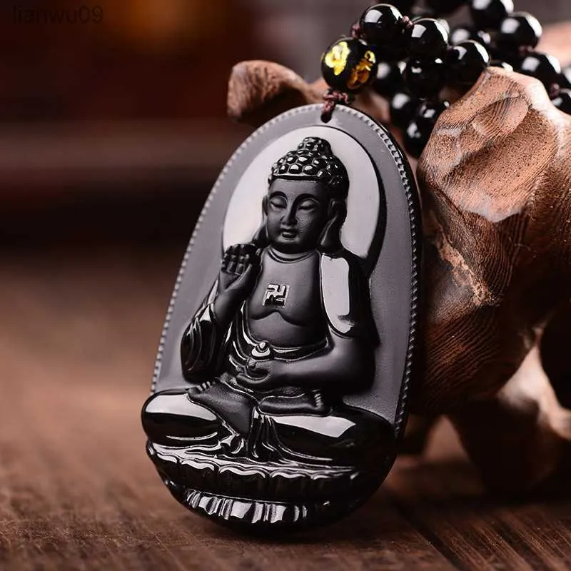 Amitabha Pendant Necklace Black Obsidian Carved Buddha Lucky Amulet Necklaces For Women Men Jewelry Gifts Jewelry Drop Shipping L230704