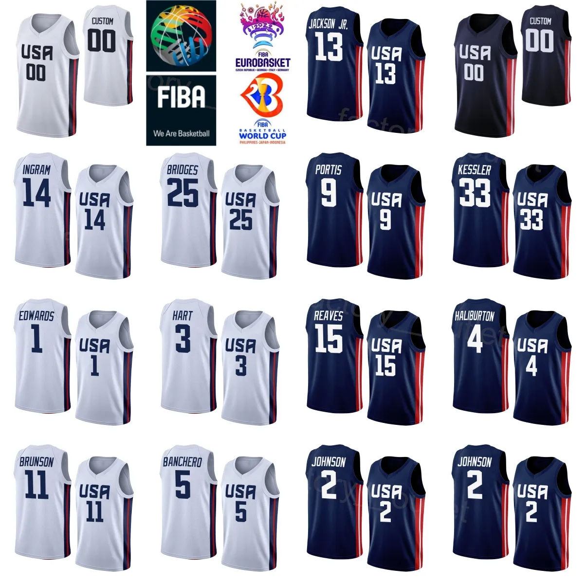 Stampato US Basketball United States Jersey Jalen Brunson 11 Anthony Edwards 1 Mikal Bridges 25 Bobby Portis 9 Walker Kessler 33 Josh Hart 3 Haliburton National Team