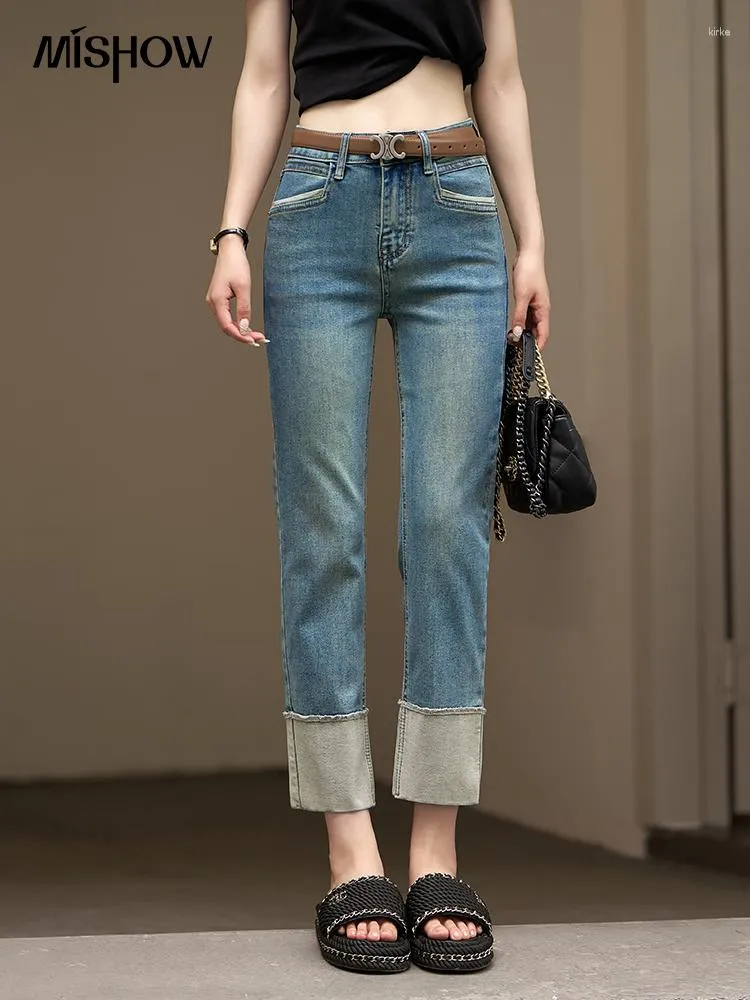 Dżinsy damskie MISHOW proste dla kobiet 2023 lato wysokiej talii Vintage spodnie na co dzień kontrastowy kolor kobiet do kostek MXC33K0052