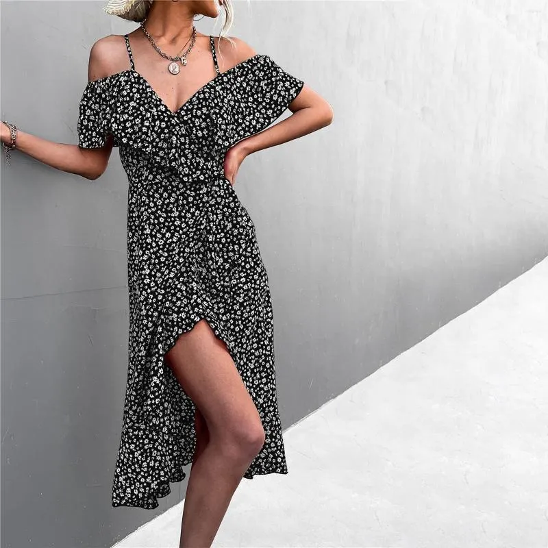 Casual Kleider Vintage Sommer Midi Kleid Für Frauen 2023 V-ausschnitt Kurzarm Hohe Taille Gedruckt Lange Nähte Floral Vestido