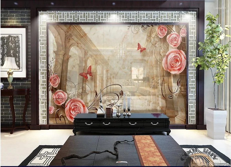 Papéis de parede personalizados 3d po mural papel de parede rosa flor tv pano de fundo não tecido para sala de estar quarto papéis de parede decoração de casa