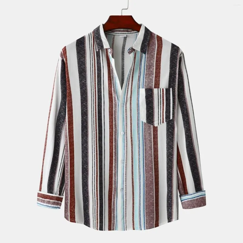 Fritidsskjortor för män, stora och långa för män, manlig skjorta med randigt tryck på hösten, vändkrage, långärmad bomull