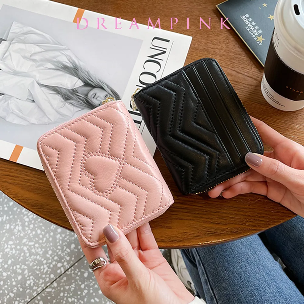 Luxury Embroidery Sheepskin Female Short Wallet Heart Wave Thread Genuine Leather Mini Zipper Card Holder Coin Purse For Women