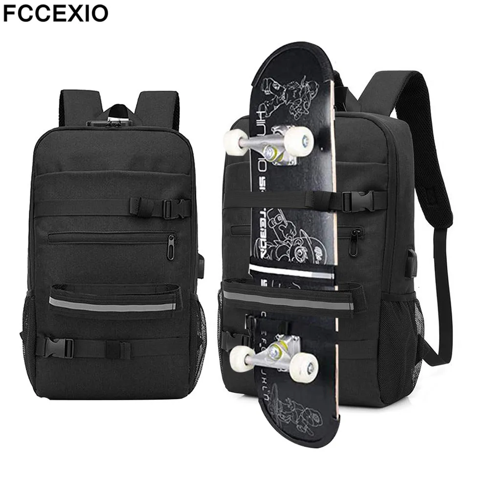 Borse per la scuola FCCEXIO Zaino per skateboard Blocco password antifurto Borsa a tracolla per ricarica USB Borsa per computer da viaggio per il tempo libero unisex Borsa per longboard 230703