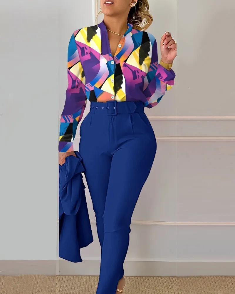 Women's Tracksuits Elegant Long Sleeve Shirt Pants Set Office Lady Fashion Casual V Neck Floral Print Trousers Two Piece Set Women Outfit 230703