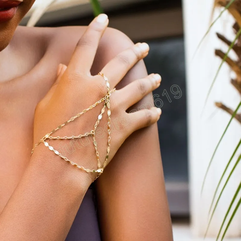 Pulseiras femininas de anel de dedo com borla de lantejoulas multicamadas vintage para mulheres vintage conectadas arnês de mão pulseira moda joias presente