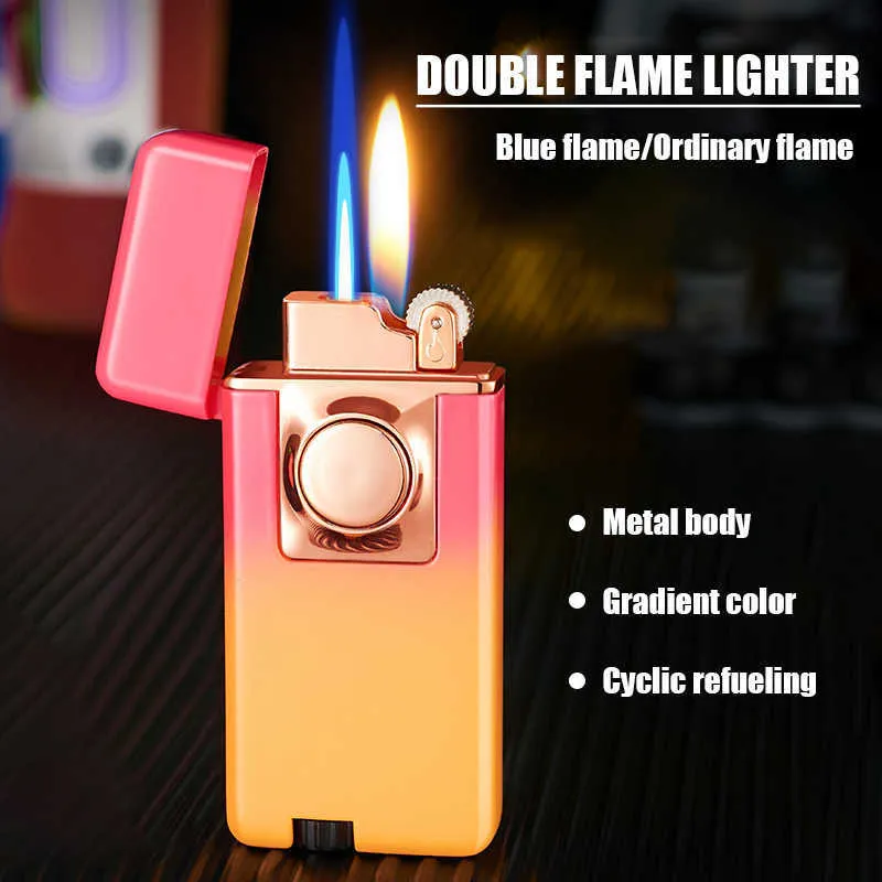 Dégradé de couleur Double feu Jet métallique bidirectionnel et interrupteur normal Flamme torche Allume-cigare Personnalité créative Hommes Cadeau RHGG Sans gaz