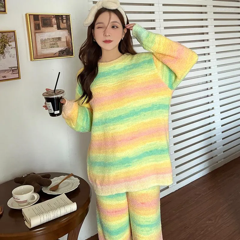 Women s Sleepwear Winter Woman Pajama Rainbow Pyjamas High End Feather Yarn Nightwear Loungewear Clothes Lady 2 Pieces Set Nightie
