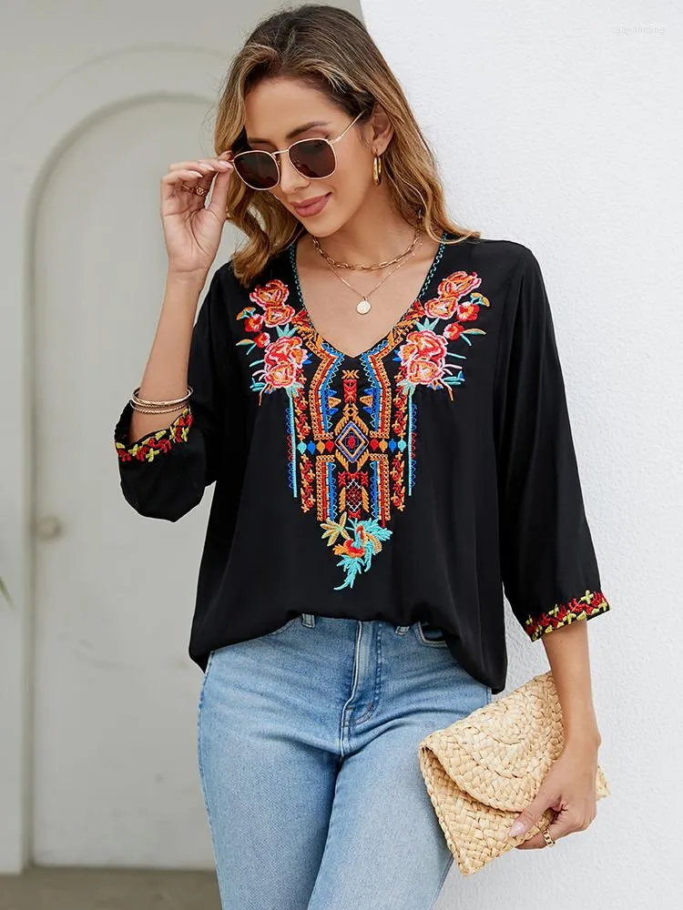 Blusas de mujer KHALEE YOSE Blusa con bordado floral Camisa Bohemia Vintage Verano Negro Mujeres mexicanas Damas 2xl 3XL Tops étnicos