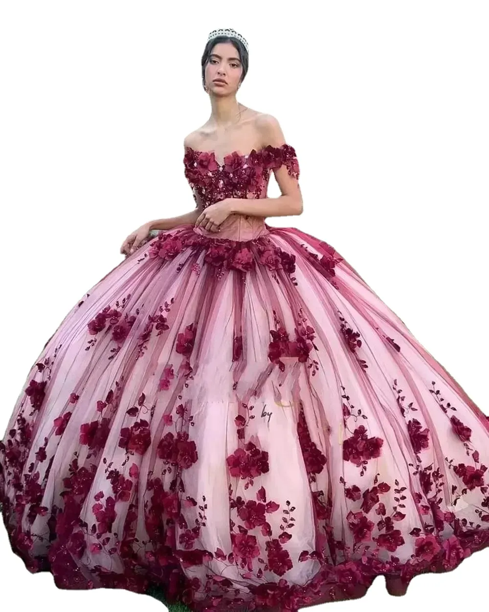 Fantastiska 3D-blommor Fjäril Bourgogne Quinceanera Klänningar Balklänning Av axlar Ruched Långa Balaftonklänningar Mexiians Sweet 15 16 Klänning Vestidos