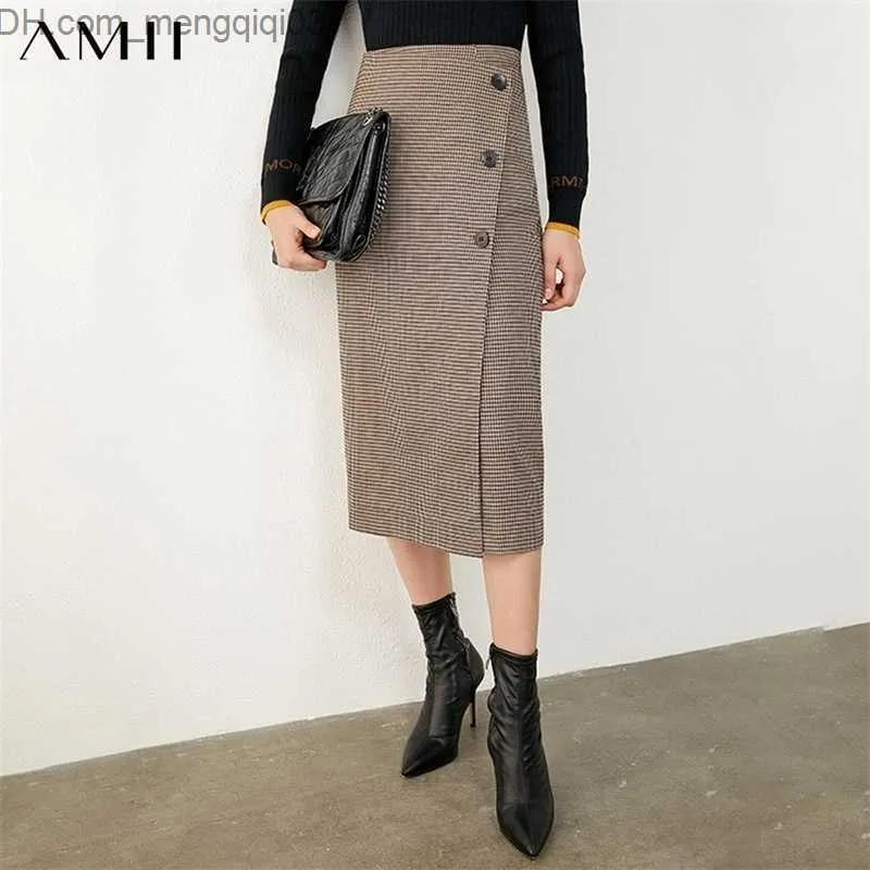 التنانير Amii Medioralism Autumn Vintage Skirt Olstyle Fashion Plaid Aline Skirt High Weist Calflenge Female Skirt 12070346 Z230707