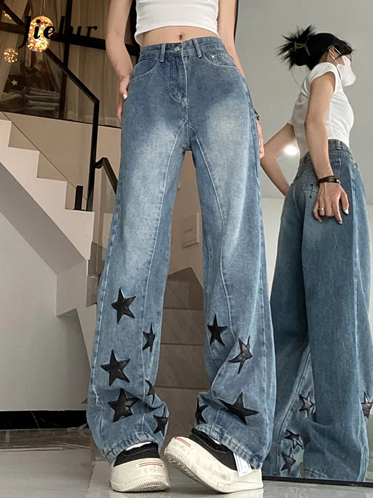 Jeans pour femmes Jielur Stars imprimé style américain femme été droite mode ins pantalon large chic streetwear 230703