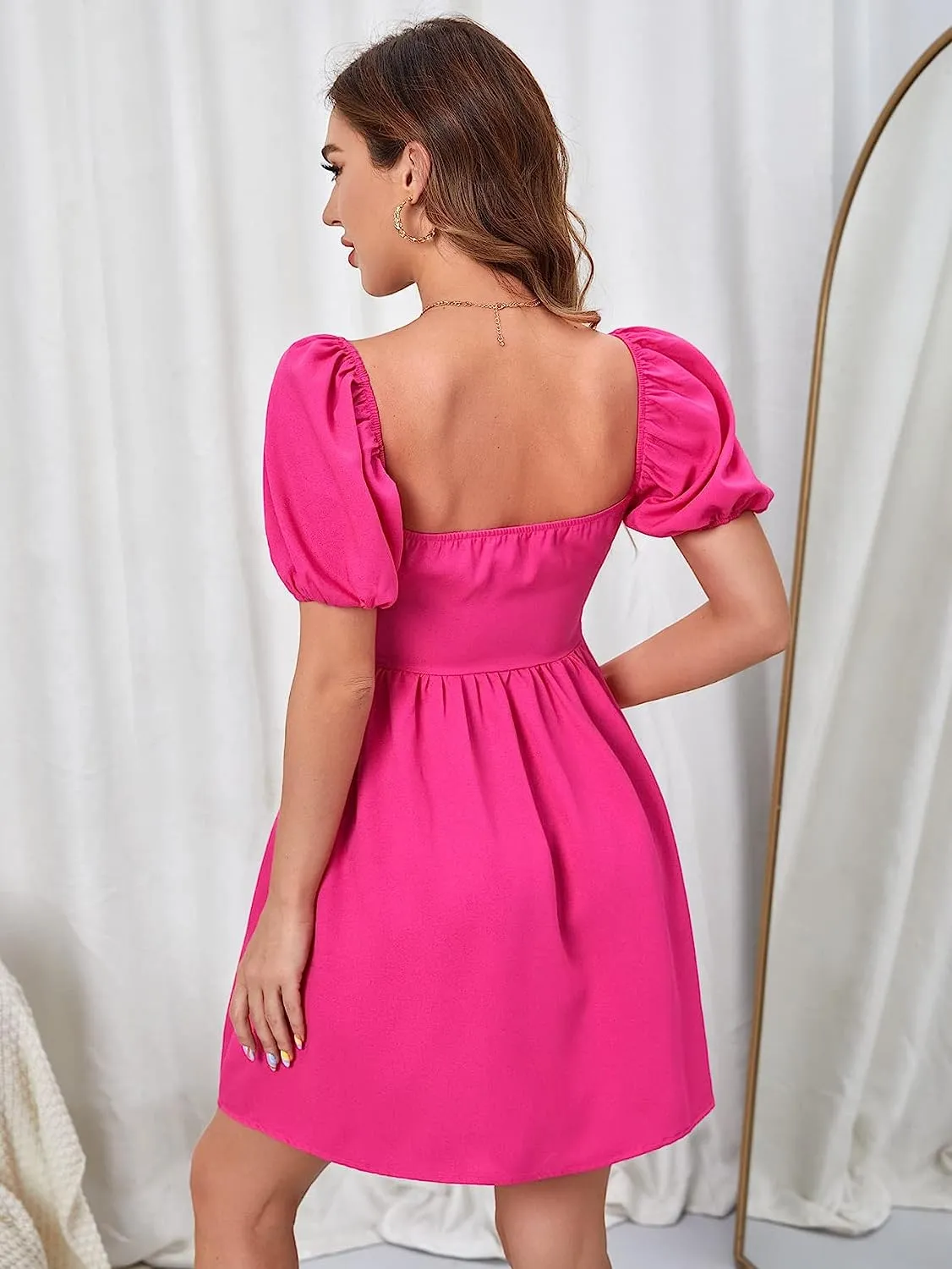 Womens Square Neck Dress Puff Short Sleeve A Line Dress With