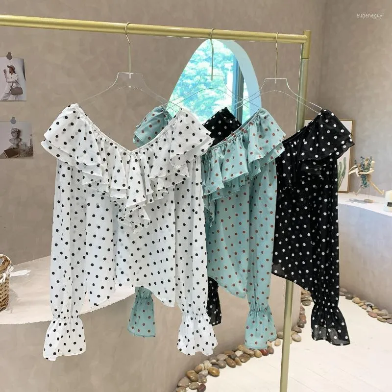 Blusas Femininas Decote em V Clavícula Exposta Babados Patchwork Vintage Blusas Mujer De Moda 2023 Polka Dot Design Sense Camisa Manga Longa