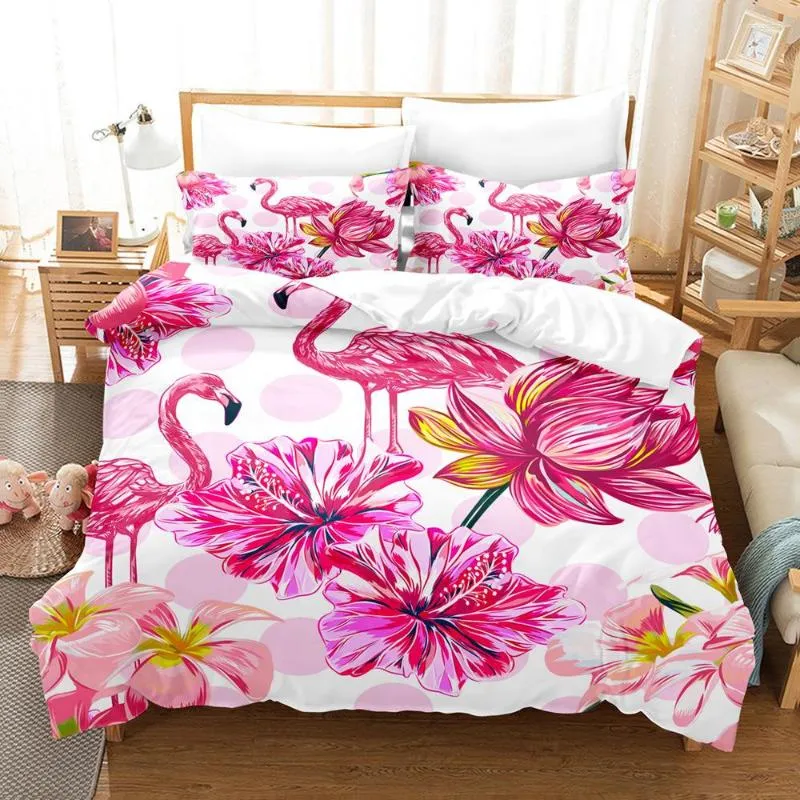 Ensembles de literie ensemble de housse de couette flamant rose feuilles vertes imprimé Animal Floral pour enfants filles motif Tropical Design décor de chambre