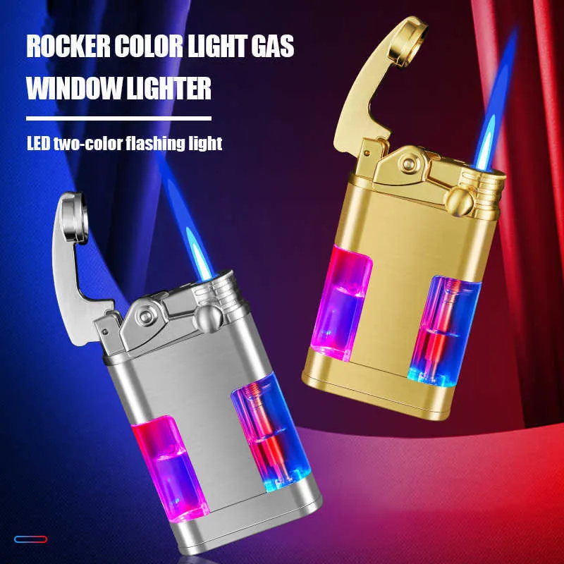 Rouge et bleu Flash Transparent gaz fenêtre droite poinçon briquet personnalité créative marée métal gonflable cadeau G3V8sans