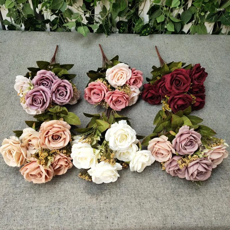 Flores decorativas 11 ramos de seda artificial buquês de rosas para casamento buquê de noiva festa em casa decoração de mesa de jantar