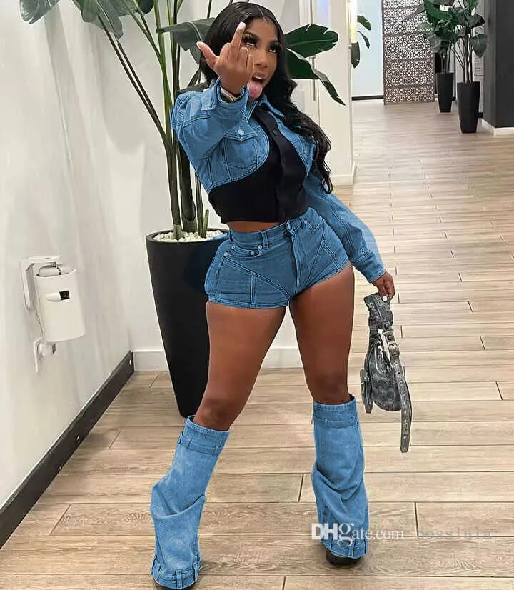 Womens Leisure Sports Sets New Casual Denim Set Contrast Color Slim Fit Fashion Elastic Suit For 2023 Autumn