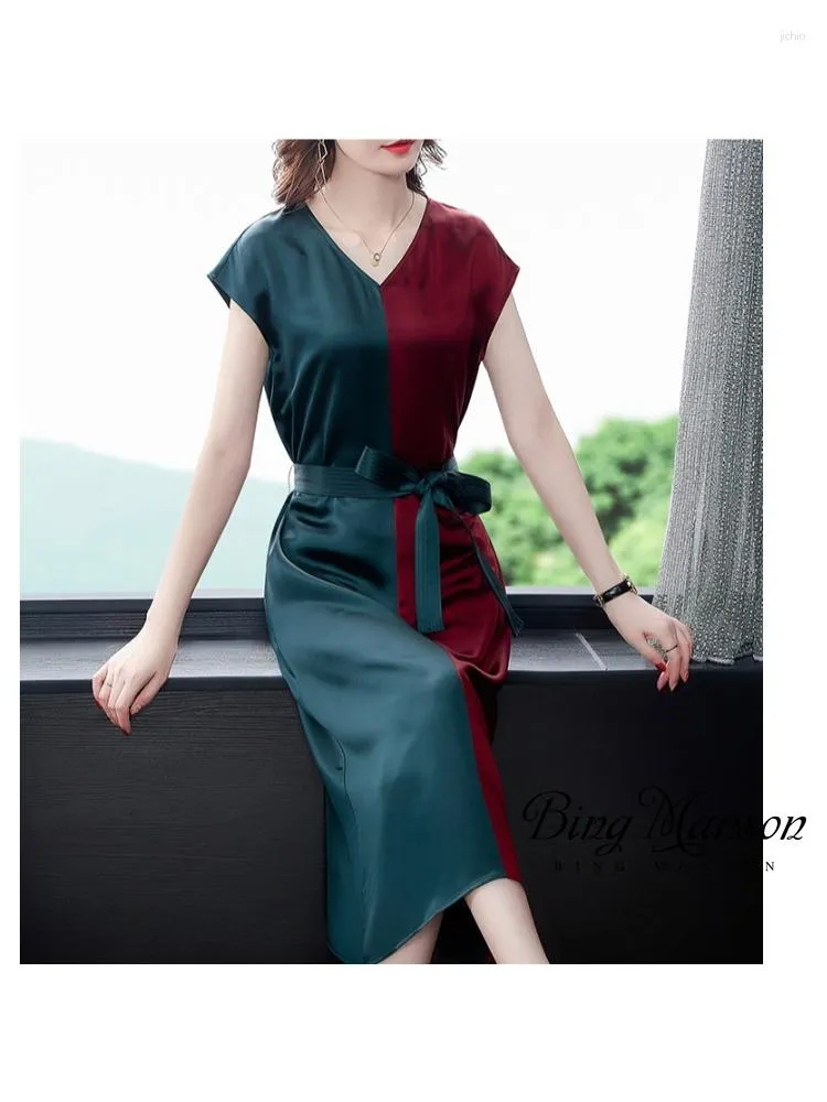 V-Neck Short-Sleeve Satin Knee-Length Summer Dress from Dhgate