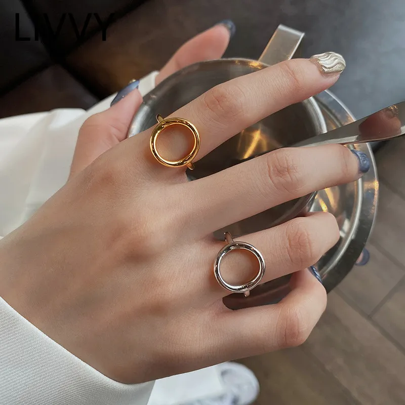 LIVVY Silver Color New Minimalist Creative Hollow Out Round Shape Rings Women Couple Fashion Fine Handmade Jewelry