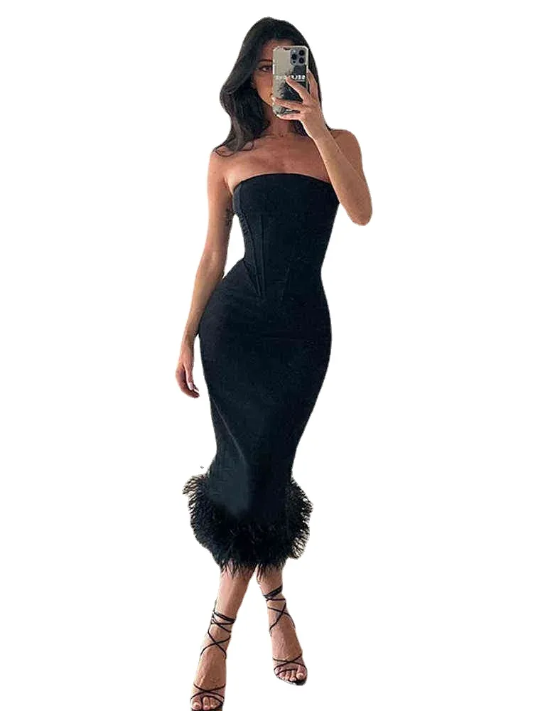 Women Elegant Black Strapless Backless Satin Cocktail Party Dress with  Feather Embellishment from Dhgate Cocktail Dresses - price 161.5