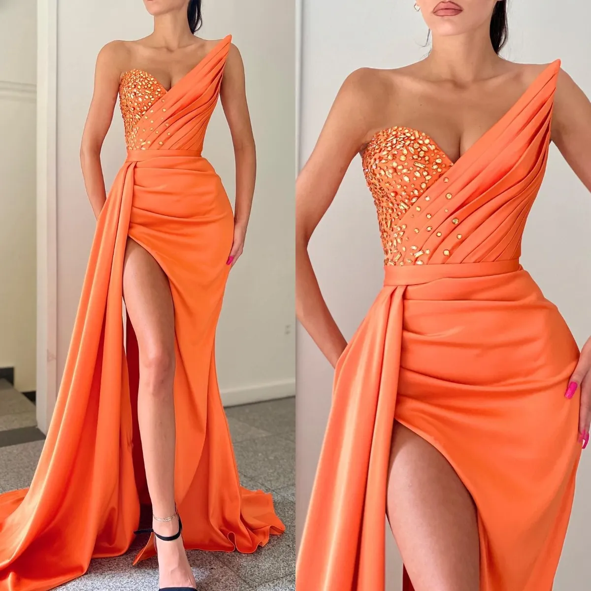 Mode oranje prom jurken kralen sweetheart avondjurken plooien spleet formele rode loper lange special ocn feestjurk