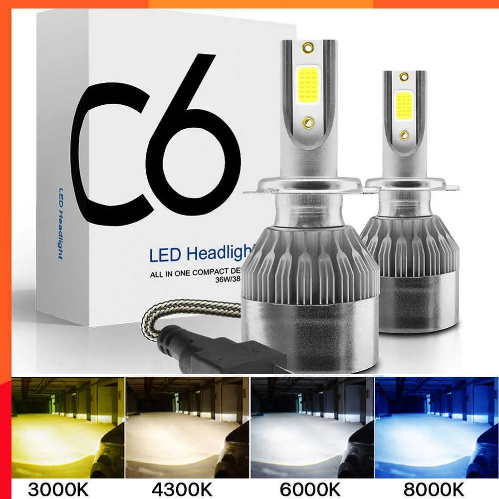 Atualizar 2x H7 LED H11 H4 Hi/Lo H1 H3 H8 HB1 HB3 HB4 HB5 HIR2 H13 H27 9005 9006 Lâmpadas de farol de carro 3000K 6000K 8000K COB C6 luzes de carro