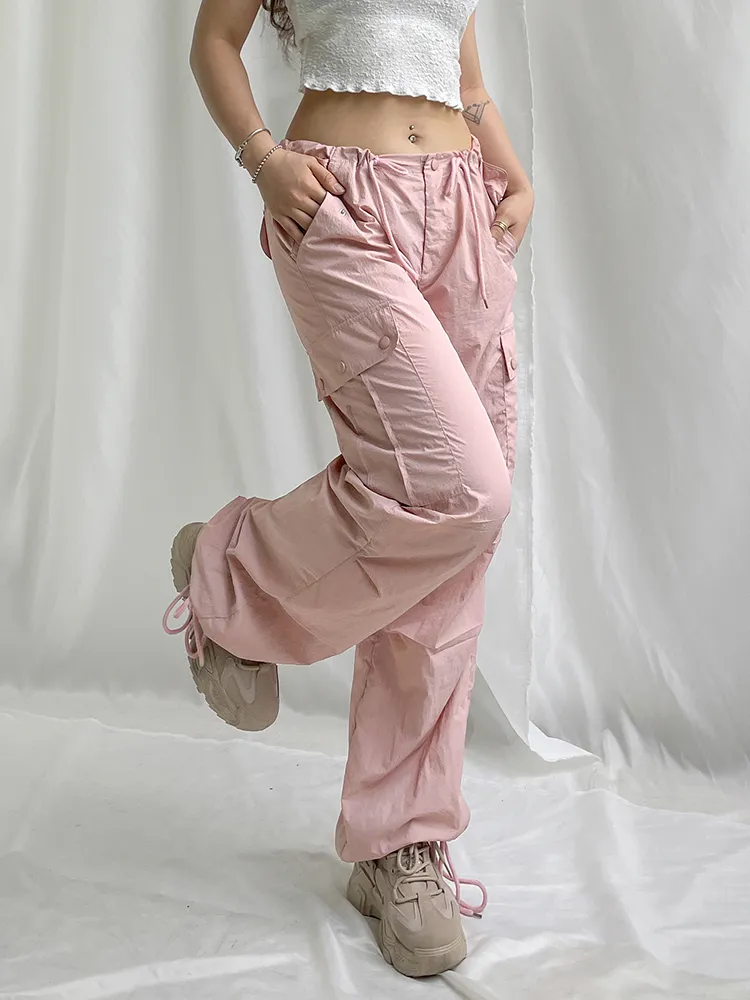 Bandage taille élastique pantalon Cargo rose esthétique décontracté pantalon de survêtement droit jambe large pantalon ample 100% coton tenue