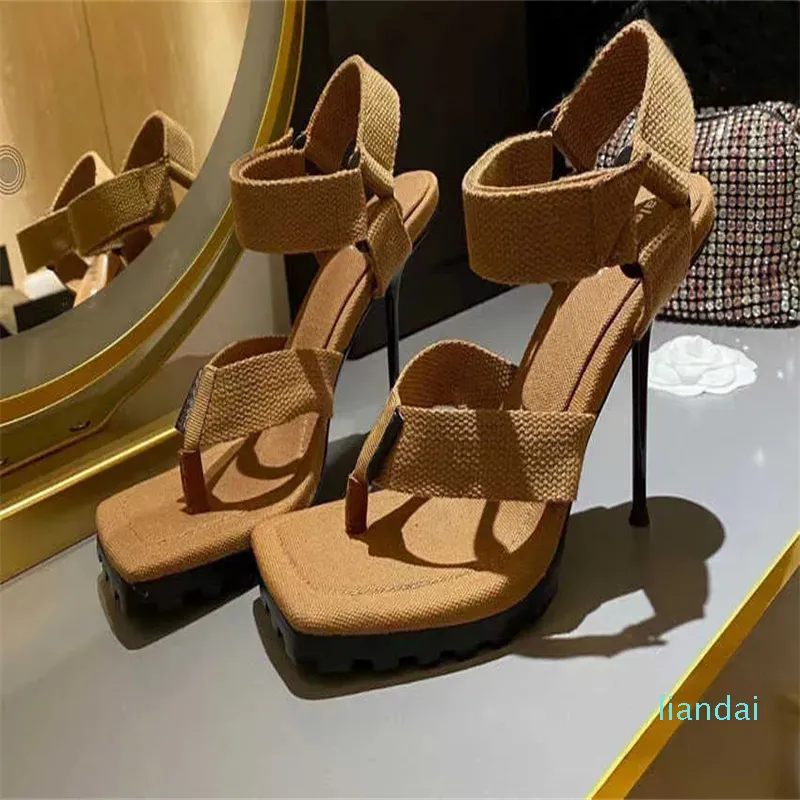 tasarımcı Avrupalı ​​tasarımcı kadın modelleme yüksek topuk sandalet tuval terlikleri seksi parti kutusu 35-43