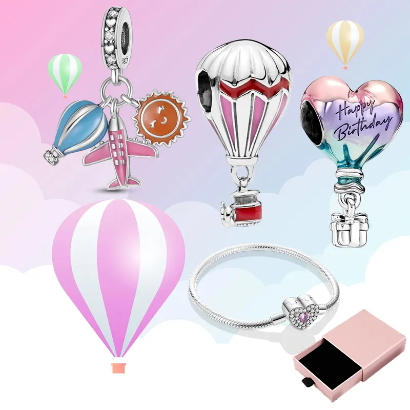 925 Silver Fit Pandora Charm 925 Bracelet Colorful Hot Air Balloon Charms Set Pink Heart charms set Pendant DIY Fine Beads Jewelry