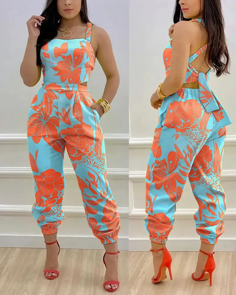 Femmes deux pièces pantalon été sans manches longue combinaison femmes mode grande taille impression col carré sans manches évidé dos nu combinaison femmes 230703