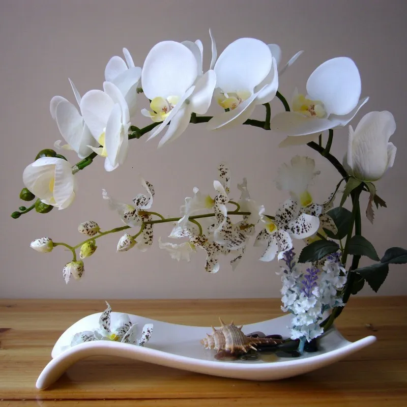 Vasi Figurine Farfalla Orchidea Fiori artificiali Set Fiore finto Vaso in ceramica Ornamento Phalaenopsis Figurine Arredamento per la casa Decorazione Artigianato 2