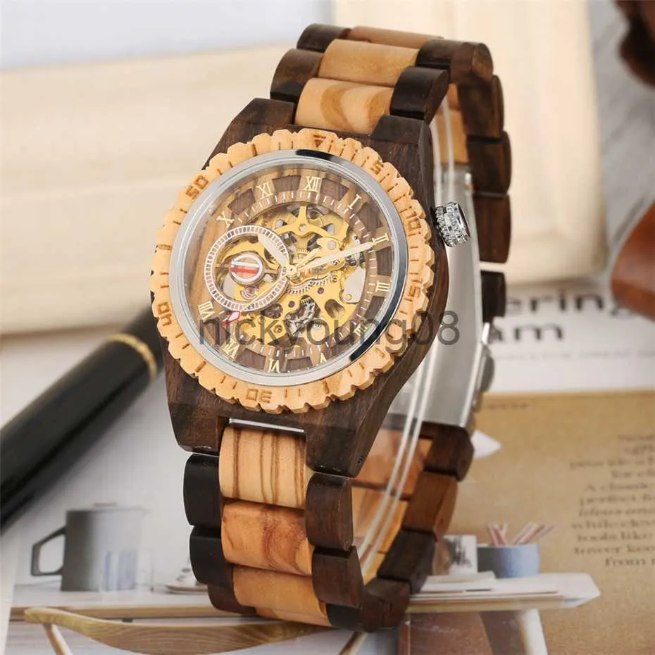 Relojes de pulsera de lujo para hombre, automáticos, mecánicos, de madera, con números romanos, con pantalla, brazalete de madera, reloj creativo para hombre, reloj 0703