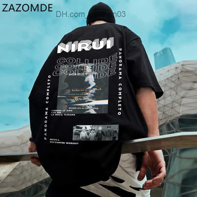 Men's T-Shirts ZAZOMDE Tees Shirts Hip Hop Streetwear Harajuku Men Print Front Pocket Short Sleeve Cotton TShirts Casual Loose Tops Z230705