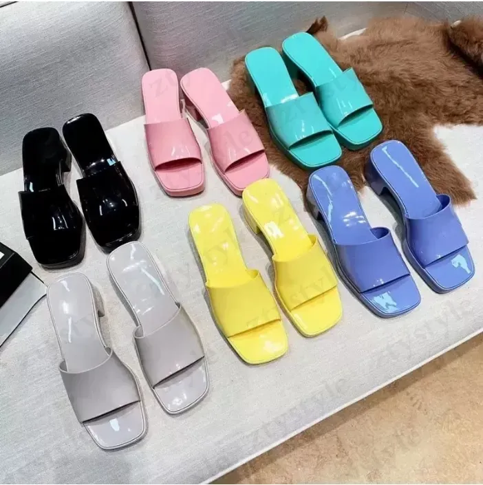 with Box 2021 Women Rubber Slide Sandal Chunky Heel Slippers Fashion Multicolor Slipper Pink Blue Black White Red Green Yellow Size35-41 PZ