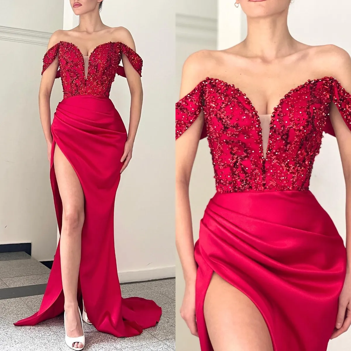 Fashion Red Prom Dresses Beads Off Shoulder Evening Gowns Slit Pleats Formal Red Carpet Long Special Occasion Party dress