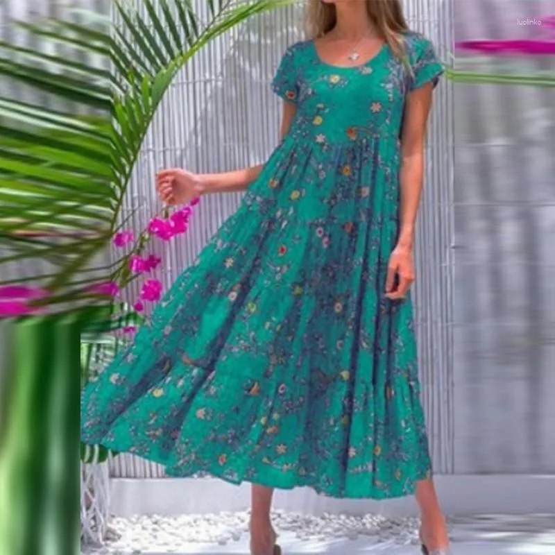 blue boat floral dress print beach Blue Floral Printed Split Neck Smocked Waist Short Sleeve Maxi Dress * –  SSYS main image 1