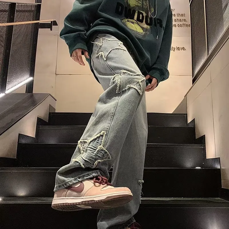 Mäns jeans vintage kvinnors män denim byxor y2k cltoes streetwear tryckt lapptäcke manliga baggy raka byxor för män 66